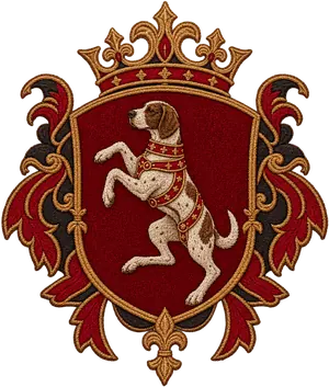 Brasão do cão: um cão empinado num escudo vermelho, com coroa