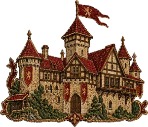 Brasão das propriedades: um castelo de torres vermelhas com uma bandeira